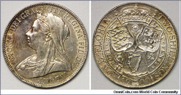 Queen Victoria, One Florin (Two Shillings), 1900. 11.3104 g, 0.9250 Silver, .3364 Oz. ASW., 28.3mm. Mintage: 5,529,000 units. Scratch on obverse; Edge bump, EF. [SOLD]