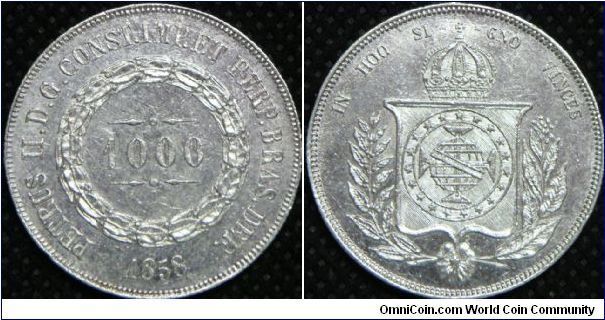 Petrus II, Brasil 1000 Reis. 1858. 12.7500 g, 0.9170 Silver, .3757 Oz. ASW., Mintage: 430,000 units. XF.