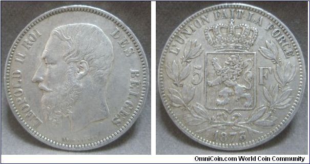 Belgium, Leopold II Roi, 5F, 1873