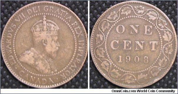 King Edward VII, Canada One Cent. 3.2400 g, Bronze, 25.5mm. Edge: Plain. Mintage: 2,401,506 units. VF. [SOLD]