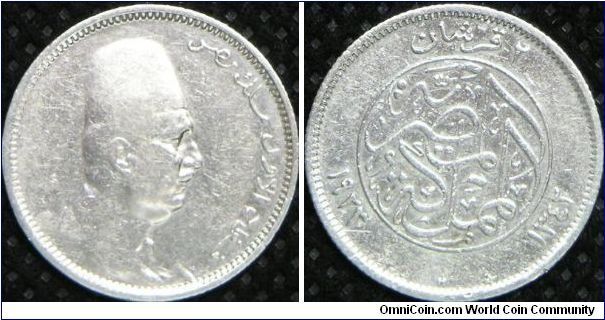 Kingdom (1922 - 1952) - Fuad I (AH1341 - 1372/ 1922 - 1936 AD), 2 Piastres, AH1342 (1923H). 2.8000 g, 0.8330 Silver, .0749 Oz. ASW., Mintage: 2,500,000 units. XF.