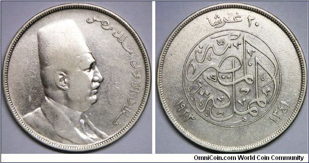 Kingdom (1922 - 1952) - Fuad I (AH1341 - 1372/ 1922 - 1936 AD),  20 Piastres, AH1341 (1923H). 28.0000 g, 0.8330 Silver, .7499 Oz. ASW., Mintage: 50,000 units. VF.