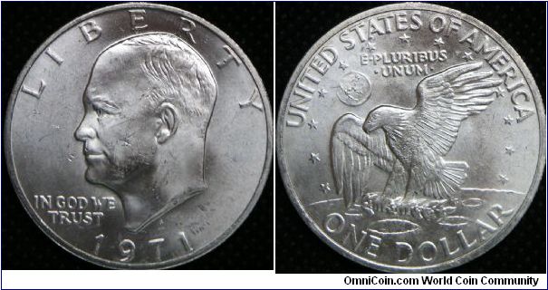 United States, Eisenhower One Dollar, 1971s. 24.5900 g, Silver, 38.1mm. Mintage: 6,868,530 units. UNC.