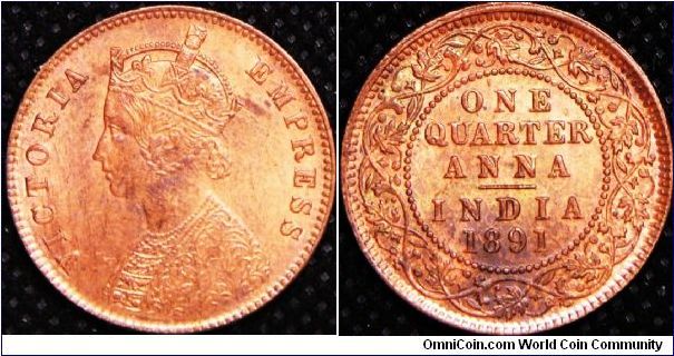 Empress Victoria, 1891, India 1/4 Anna, 1891(c), Copper. UNC.