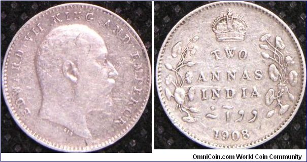 King & Emperor Edward VII, Two Annas, 1908(c). 1.4600 g, 0.9170 Silver, .0430 Oz. ASW. Mintage: 21,600,000 units. VF.
