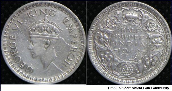 King & Emperor George VI, 1/2 Rupee, 1942b. 5.8300 g, 0.5000 Silver, .0937 Oz. ASW. Mintage: 90,400,000 units. VF. [SOLD]