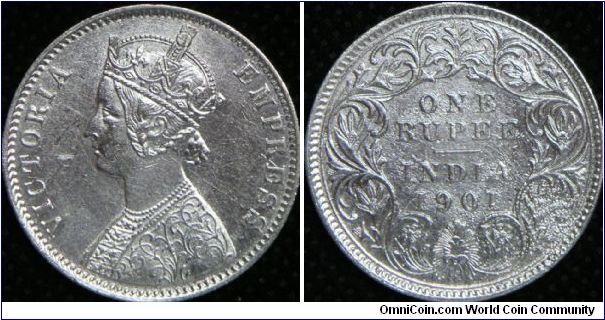 Empress Victoria, One Rupee, 1902C. 11.6600 g, 0.9170Silver, .3434 Oz. ASW. Mintage: 72,017,000 units. AU.