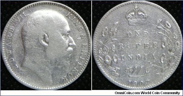King & Emperor Edward VII, One Rupee, 1907C. 11.6600 g, 0.9170 Silver, .3434 Oz. ASW. Mintage: 81,338,000 units. F. [SOLD]