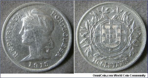 Portuguesa, 10 Centavos. 2.5000 g, 0.8350 Silver, .0671 Oz. ASW. Mintage: 3,418,000 units. 1915.