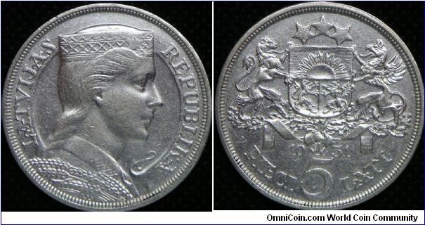First Republic of Latvia (1918 - 1939), 5 Lati, 1931. 25.0000 g, 0.8350 Silver, .6712 Oz. ASW., 37mm. Mintage: 2,000,000 units. [SOLD]