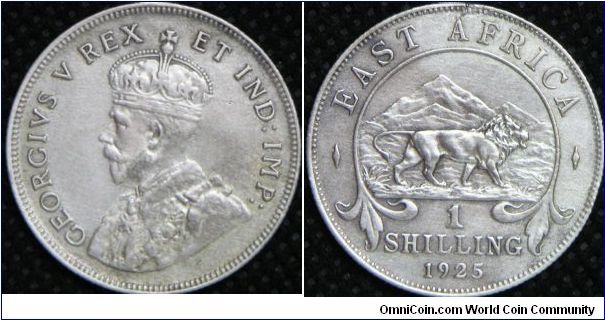 British colony, East Africa, King George V, 1 Shilling, 1925. 7.7759 g, 0.2500 Silver, .0625 Oz. ASW., Mintage: 28,405,000 units. Good VF. [SOLD]