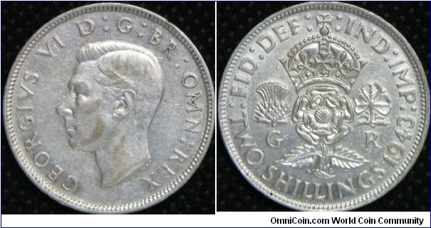 King George VI, Two Shillings (Florin), 1943. 11.3104 g, 0.5000 Silver, .1818 Oz. ASW., 28.3mm, Mintage: 26,712,000 units. VF.