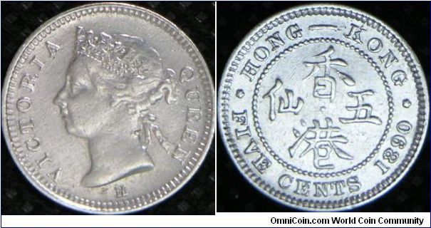 Queen Victoria, Hong Kong Five Cents, 1890H. 1.3577 g, 0.8000 Silver, .0349 Oz. ASW., British Royal Mint. UNC.