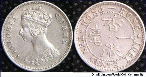 Queen Victoria, Hong Kong Ten Cents, 1901. 2.7154 g, 0.8000 Silver, .0698 Oz. ASW., British Royal Mint. Mintage: 25,000,000 units. UNC.
