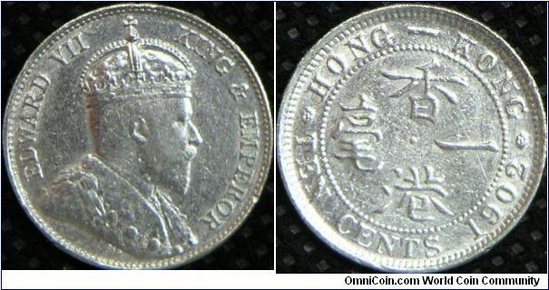 King Edward VII, Hong Kong Ten Cents, 1902. 2.7154 g, 0.8000 Silver, .0698 Oz. ASW. Mintage: 18,000,000 units. [SOLD]