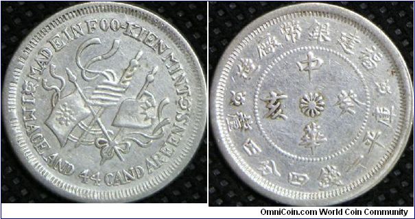 Republic of China, Fukien Province Minted, 20 Cents, 1923. 5.0000 g, Silver. VF.