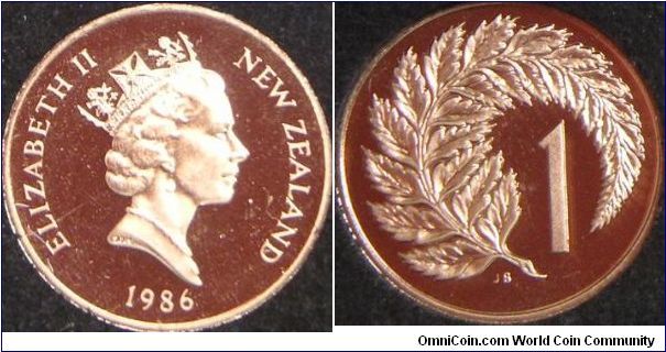 Queen Elizabeth II, New Zealand One Cent, 1986I. 2.0500 g, Bronze, 17.5mm. Mintage: 10,000 units. PROOF.