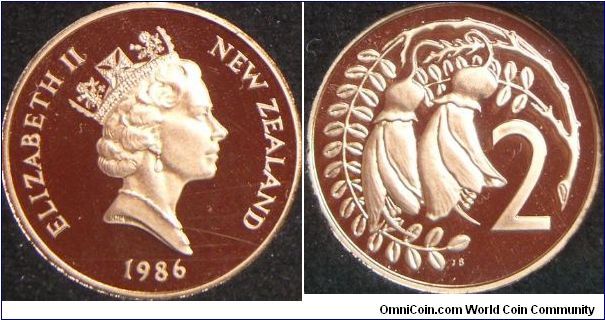 Queen Elizabeth II, New Zealand 2 Cents, 1986I. 4.1500 g, Bronze, 21.1mm. Mintage: 10,000 units. PROOF.