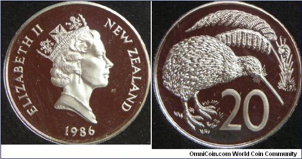 Queen Elizabeth II, New Zealand 20 Cents, 1986I. 11.3100 g, Copper-Nickel, 28.5mm. Mintage: 10,000 units. PROOF.