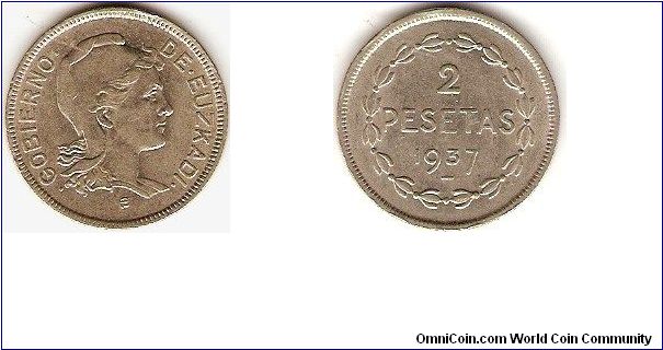 Vizcayan Republic
2 pesetas
nickel
struck at the Brussels Mint, ordered by the short-living government of Euzkadi. This coin circulated until the end of the Vizcayan Republic on June, 18 1937