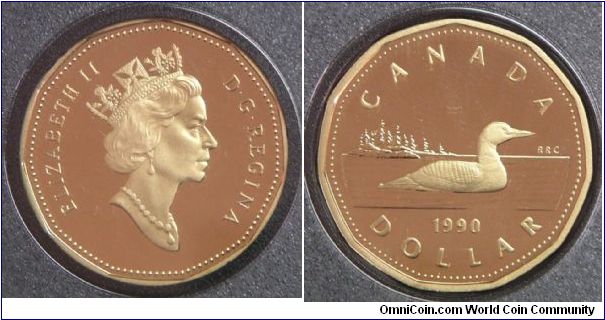 Elizabeth II, Canada One Dollar, 1990. 7.0000 g, Aureate-Bronze, 26.5mm. Mintage: 140,649 units. PROOF.