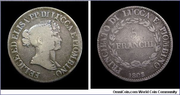 Principality of Lucca and Piombino - Elisa Bonaparte and Felice Baciocchi - 5 Franchi - Silver mm. 37,5