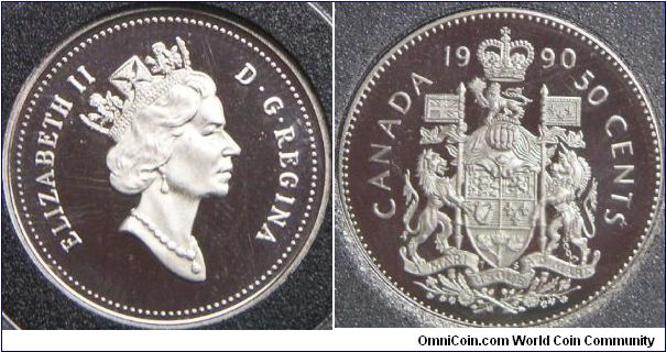 Elizabeth II, Canada 50 Cents, 1990. 8.1000 g, Nickel, 27mm. Mintage: 140,649 units. PROOF.