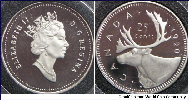 Elizabeth II, Canada 25 Cents, 1990. 5.0700 g, Nickel, 23.88mm. Mintage: 140,649 units. PROOF.