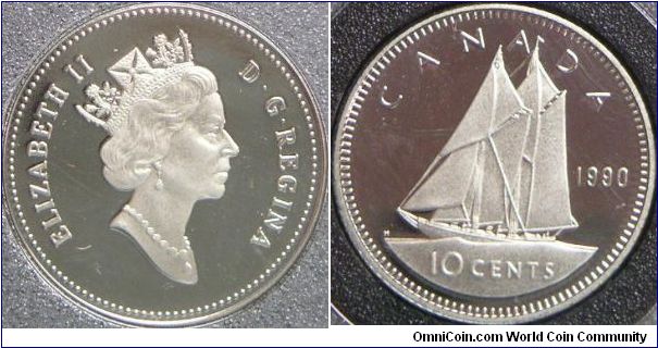 Elizabeth II, Canada 10 Cents, 1990. 2.0700 g, Nickel, 18.03mm. Mintage: 140,649 units. PROOF.