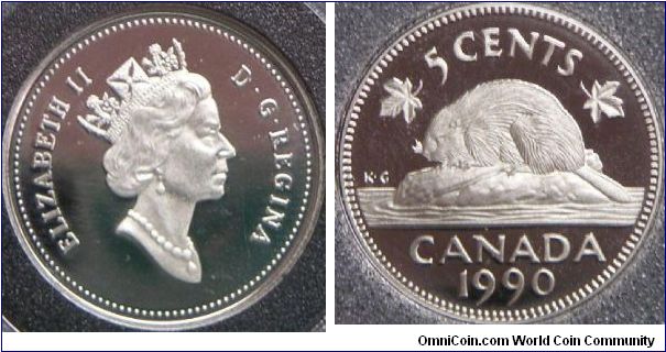 Elizabeth II, Canada 5 Cents, 1990. 4.6000 g, Copper-Nickel, 21.2mm. Mintage: 140,649 units. PROOF.