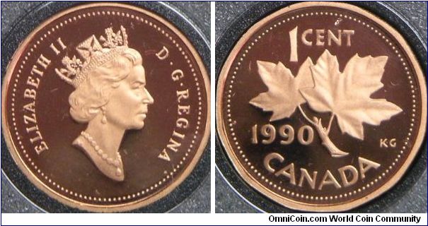 Elizabeth II, Canada 1 Cent, 1990. 2.5000 g, Bronze, 19.10mm. Mintage: 140,649 units. PROOF.