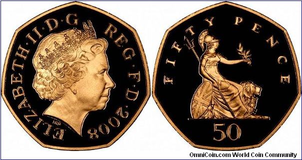Gold proof fifty pence, from the 2008 'Emblems of Britain' set. The last Britannia on UK circulation coins, for the time being.