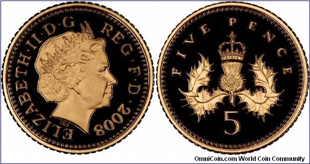 Gold proof five pence, from the 2008 'Emblems of Britain' collection. To commemorate the end of this design on circulation coins.