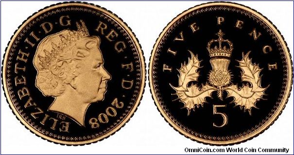 Gold proof five pence, from the 2008 'Emblems of Britain' collection. To commemorate the end of this design on circulation coins.