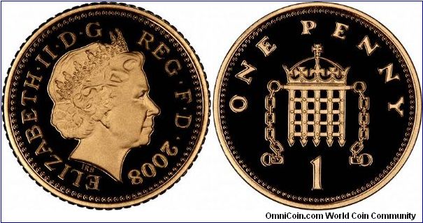 The portcullis closes, and the drawbridges raises for the last issue of the penny featuring this design. Gold proof version from the 2008 'Emblems of Britain' sets.
