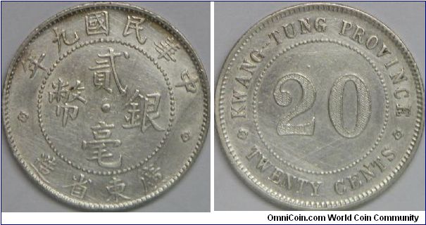 Republic of China (1911-1949), Kwang Tung Province, 20 Cents, 9th yr. (1920). 5.4000 g, Silver, Mintage: 197,000,000 Units. XF.