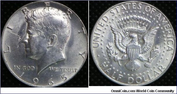 United States, Kennedy Silver Half Dollar, 1965. 11.5000g, 0.4000 Silver, .1480 Oz. ASW., 30.6mm. Mintage: 65,879,366 units.
