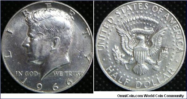 United States, Kennedy Silver Half Dollar, 1966. 11.5000g, 0.4000 Silver, .1480 Oz. ASW., 30.6mm. Mintage: 108,984,032 units.