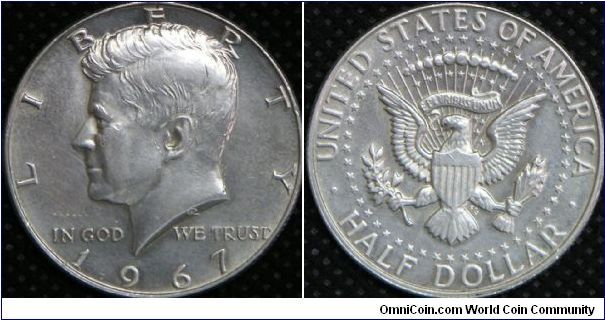 United States, Kennedy Silver Half Dollar, 1967. 11.5000g, 0.4000 Silver, .1480 Oz. ASW., 30.6mm. Mintage: 295,046,978 units.