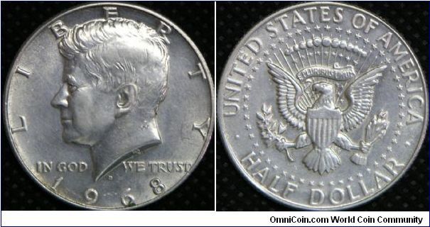 United States, Kennedy Silver Half Dollar, 1968D. 11.5000g, 0.4000 Silver, .1480 Oz. ASW., 30.6mm. Mintage: 246,951,930 units.