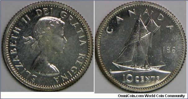 Queen Elizabeth II, Canada 10 Cents, 1964. 2.3328 g, 0.8000 Silver, .0600 Oz. ASW., 18.03mm. Mintage: 49,518,549 units.