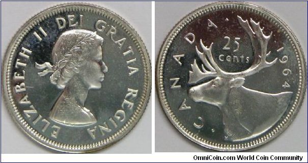 Queen Elizabeth II, Canada 25 Cents, 1964. 5.8319 g, 0.8000 Silver, .1500 Oz. ASW., 23.80 mm. Mintage: 36,479,343 units. AU.