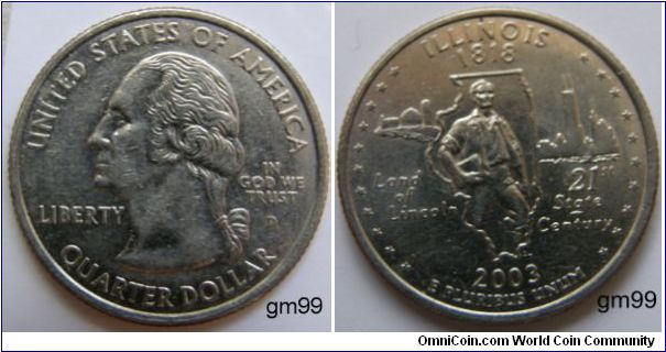The Illinois quarter design depicts a young Abraham Lincoln within the outline of the state. A farm scene and the Chicago skyline appear on the left and to the right of the state's outline. Twenty-one stars border the coin, signifying Illinois as the 21st state to be admitted into the Union on December 3, 1818.