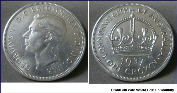 King George VI, Australian One Crown, 1937(m), 28.2800 g, 0.9250 Silver, .8411 Oz. ASW., Mintage: 1,008,000. UNC.