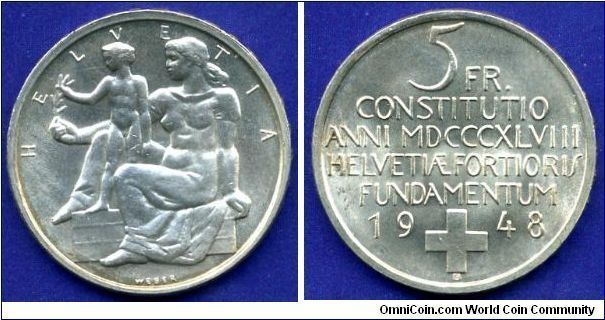 5 Francs.
100-years of the Swiss constitution.
(B) Bern mint.
Stamp shine.


Ag835f. 15,0gr.