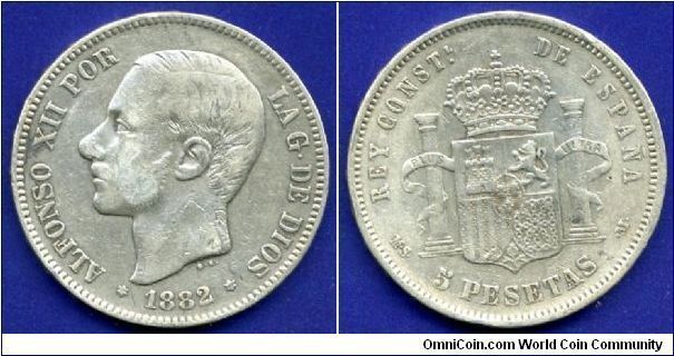 5 Pesetas.
King Alfonso XII (1874-1885).
'Big Nose' profil.
Madrid mint.


Ag900f. 25gr.