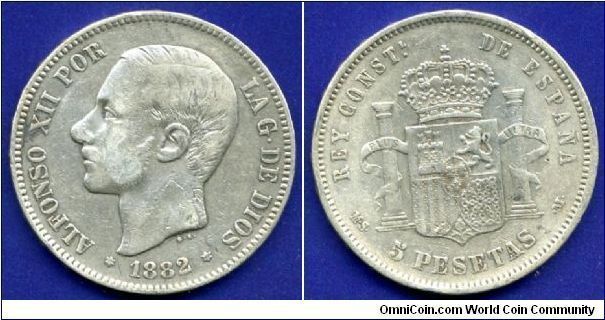 5 Pesetas.
King Alfonso XII (1874-1885).
'Big Nose' profil.
Madrid mint.


Ag900f. 25gr.