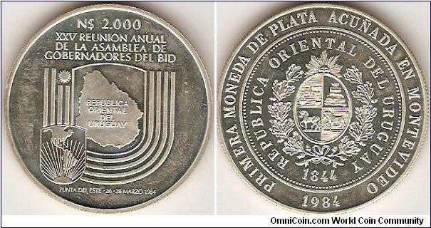 2000 nuevos pesos
25th meeting of Interamerican Bank Governors / 140th anniversary of the first coin struck in Montevideo
0.900 silver