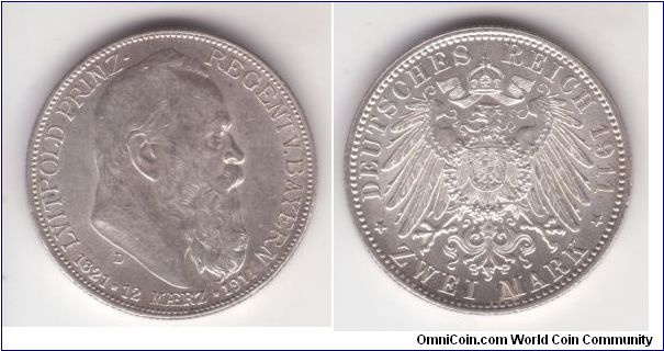 KM-516, 1911 Bavaria (Bayern) 2 marks commemorating 90'th birthday of Prince Regent Luitpold; nice about uncirculated condition