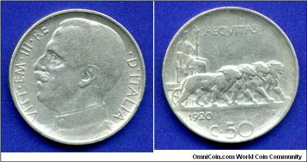 50 centesimi.
Vittorio-Emanuele III (1900-1946).
(R) Roma mint.


Cu-Ni.